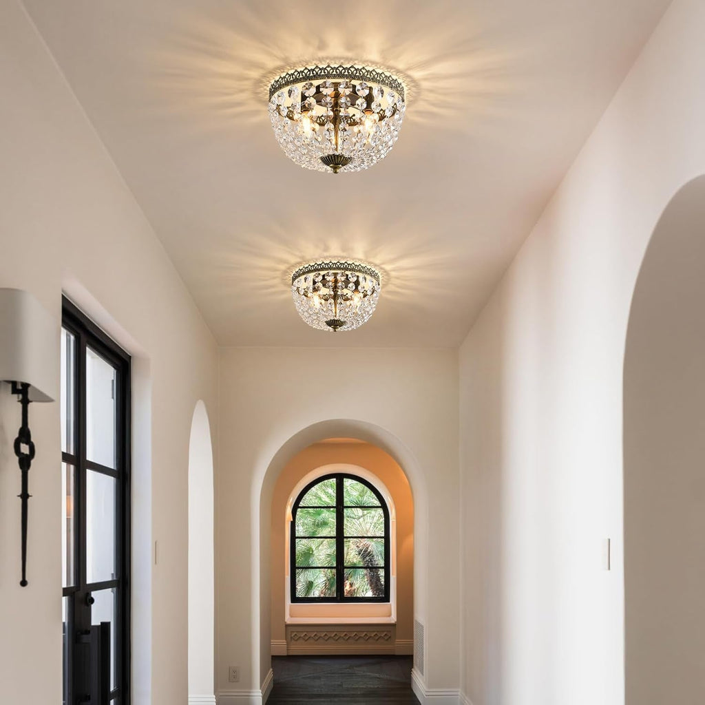 Three Light French Empire Crystal Chandelier Antique Bronze Dimmable Flush Mount