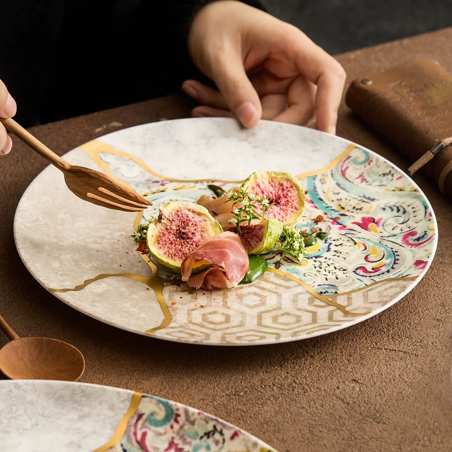 Silk Brocade Gold-Thread Shallow Plate — Artisanal Porcelain