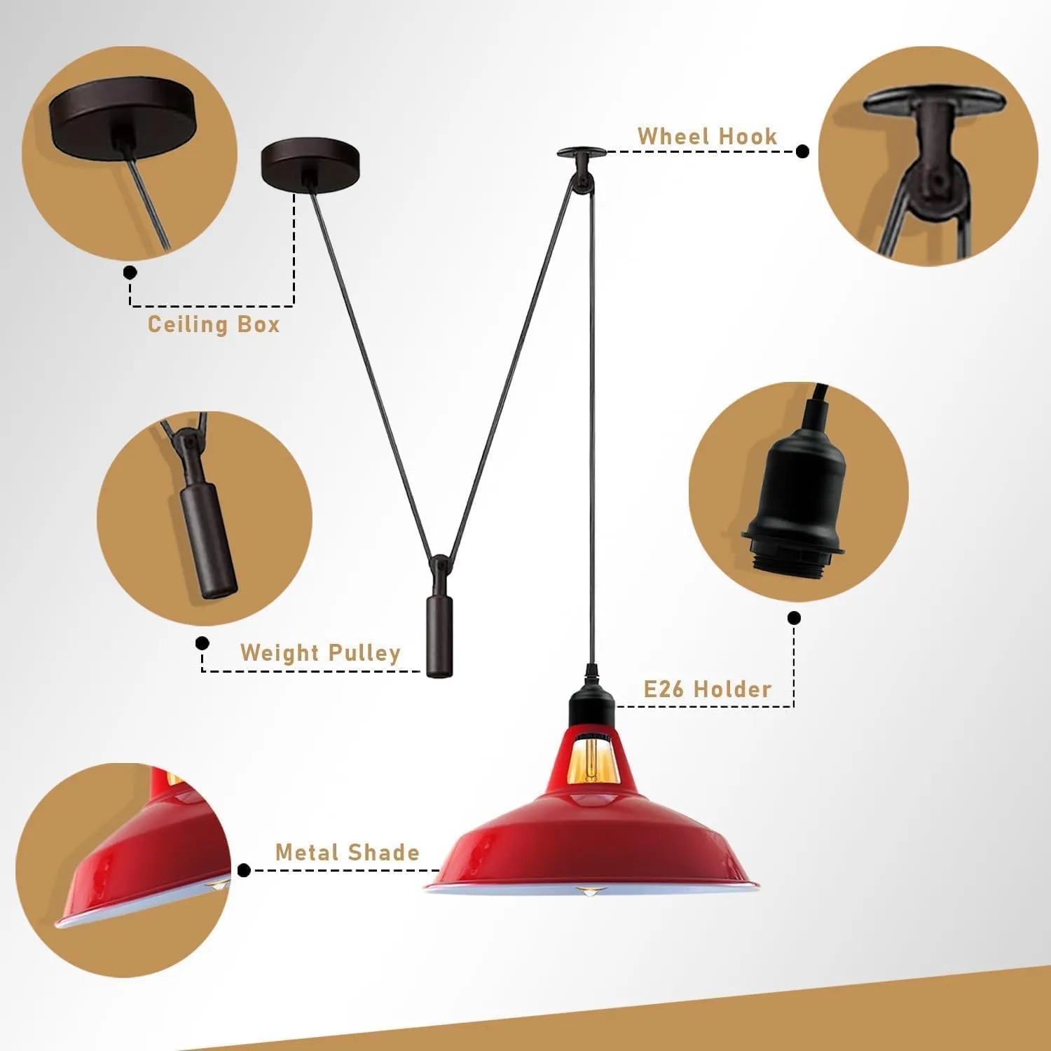 Vintage Pulley Pendant Light - 2M Adjustable Industrial Shade