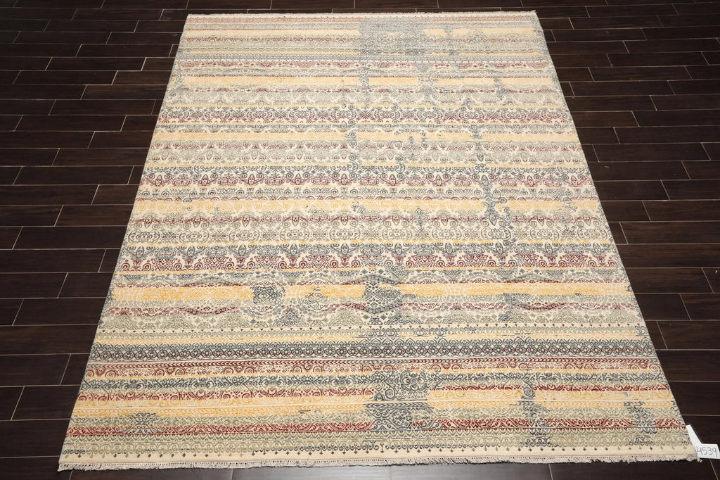 8x10 Ivory, Blue Hand Knotted 100% Wool Peshawar Transitional Oriental Area Rug-1
