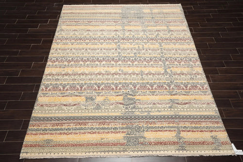 8x10 Ivory, Blue Hand Knotted 100% Wool Peshawar Transitional Oriental Area Rug-1