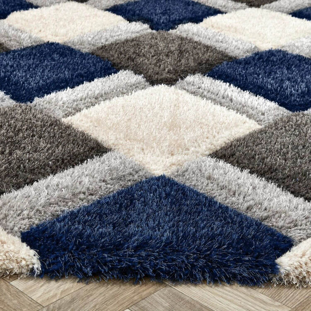 3D Navy Geometric Shaggy Rug