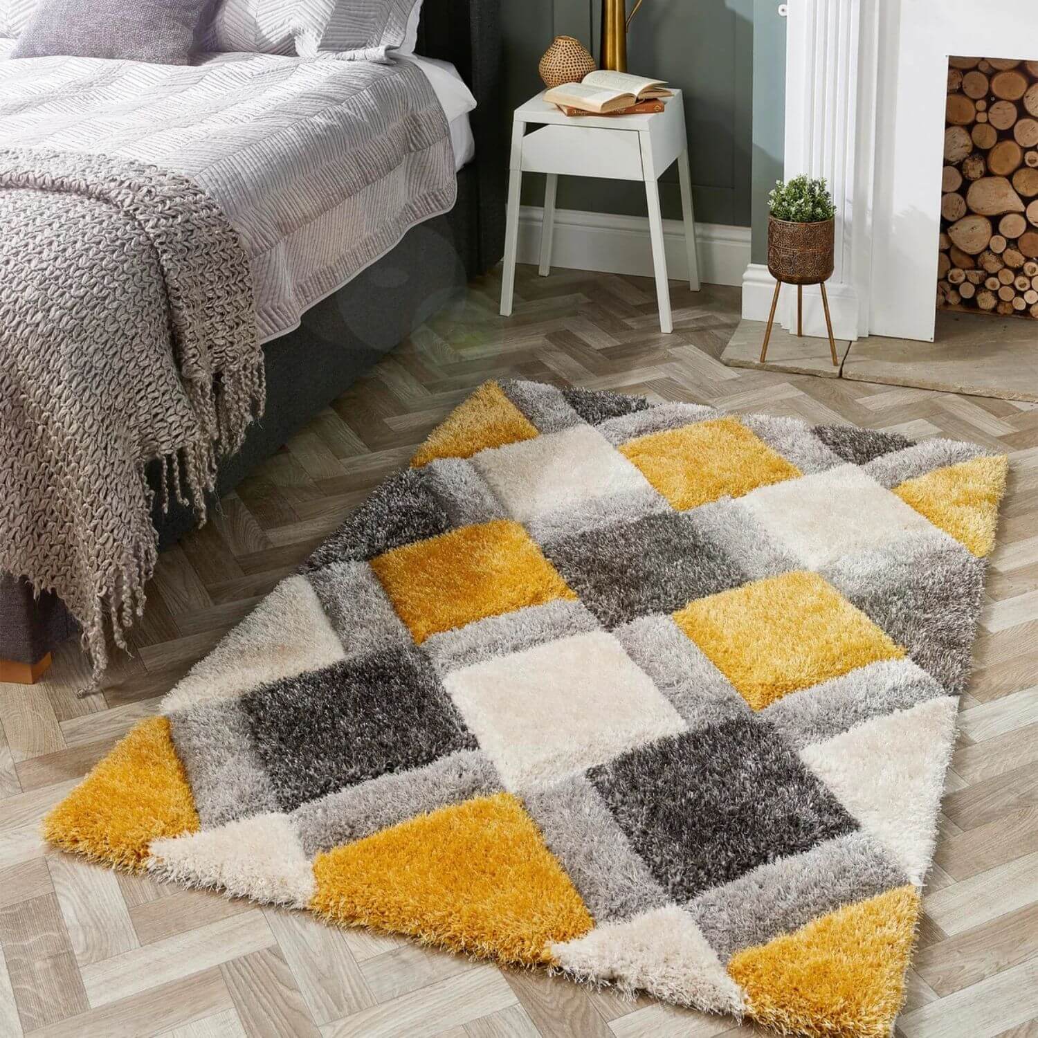 3D Ochre Geometric Shaggy Rug