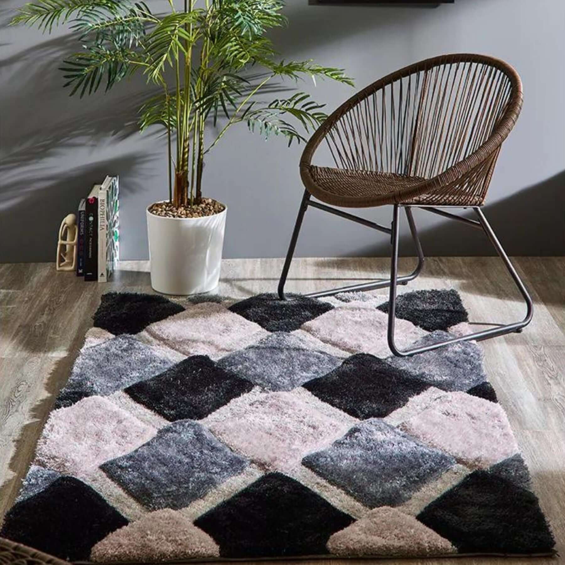 3D Grey Geometric Shaggy Rug