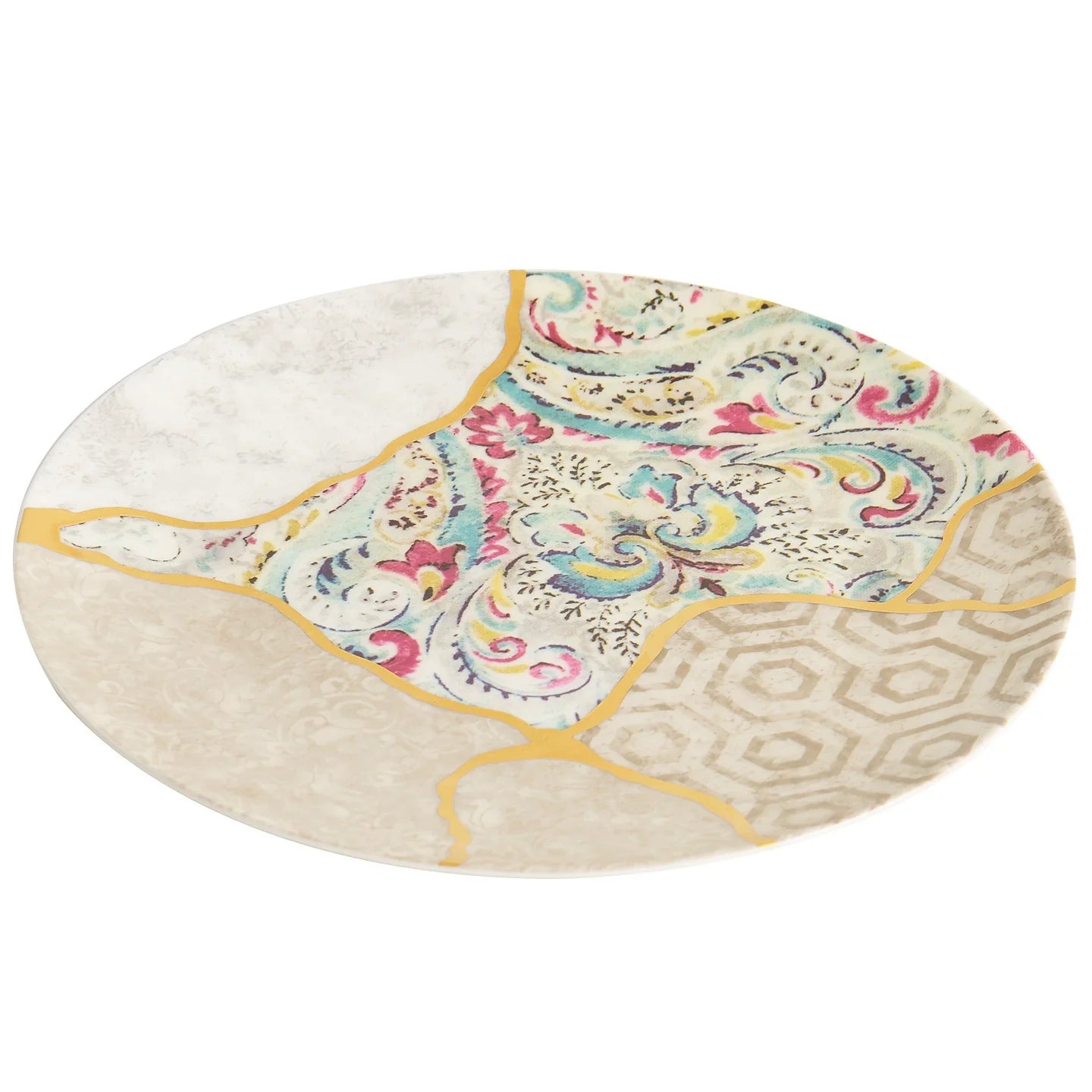 Silk Brocade Gold-Thread Shallow Plate — Artisanal Porcelain