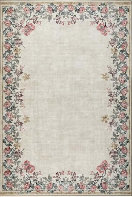 Eco-Washable Cream Rug Flower Design