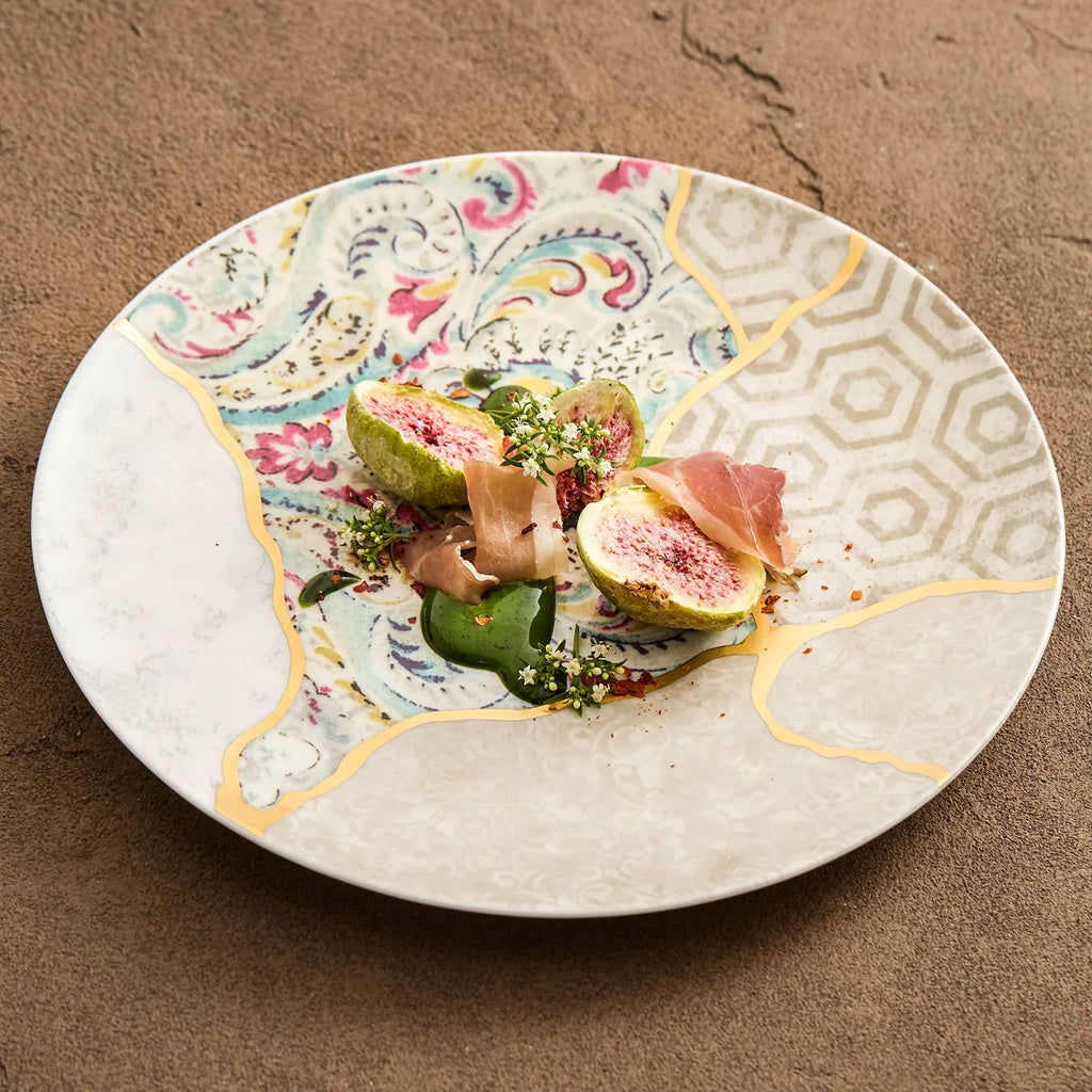 Silk Brocade Gold-Thread Shallow Plate — Artisanal Porcelain