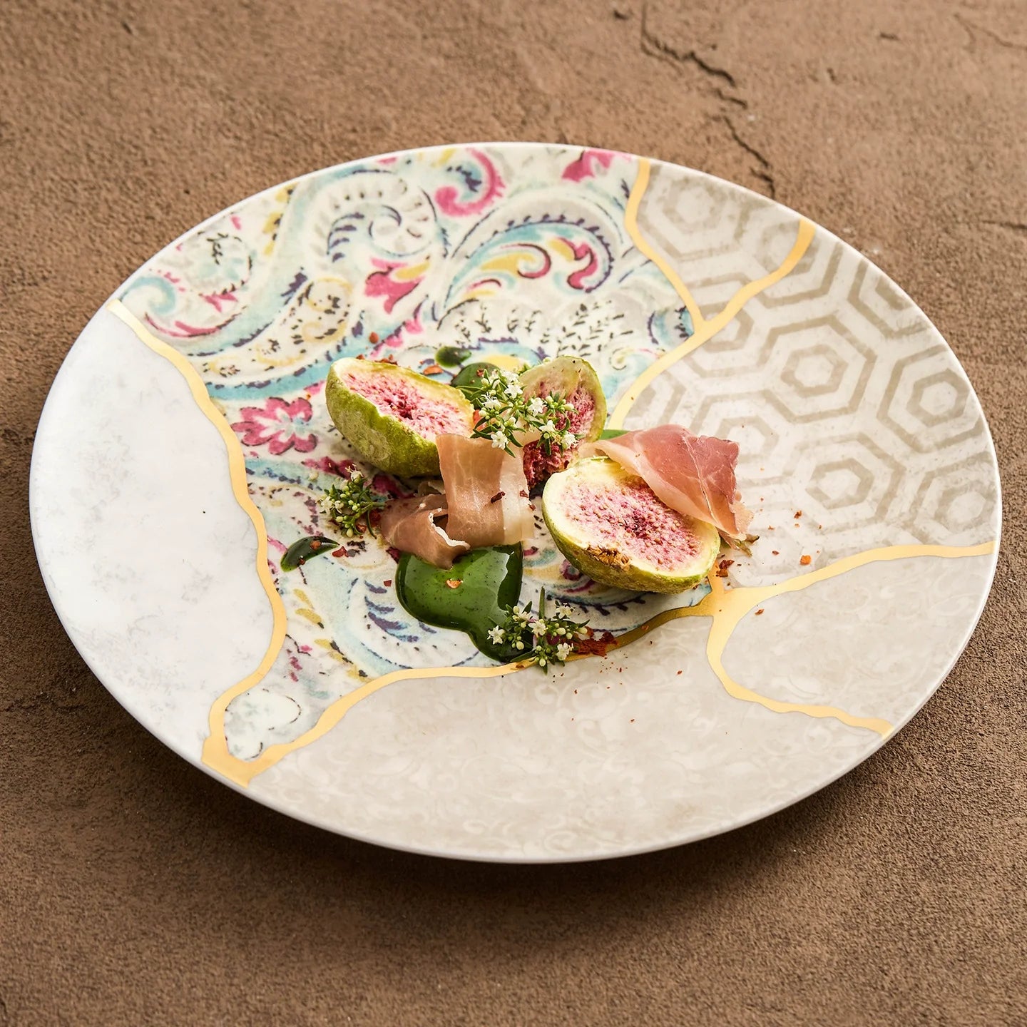 Silk Brocade Gold-Thread Shallow Plate — Artisanal Porcelain