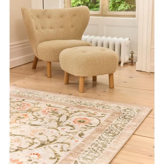 Eco-Washable Beige Rug Flowers Design