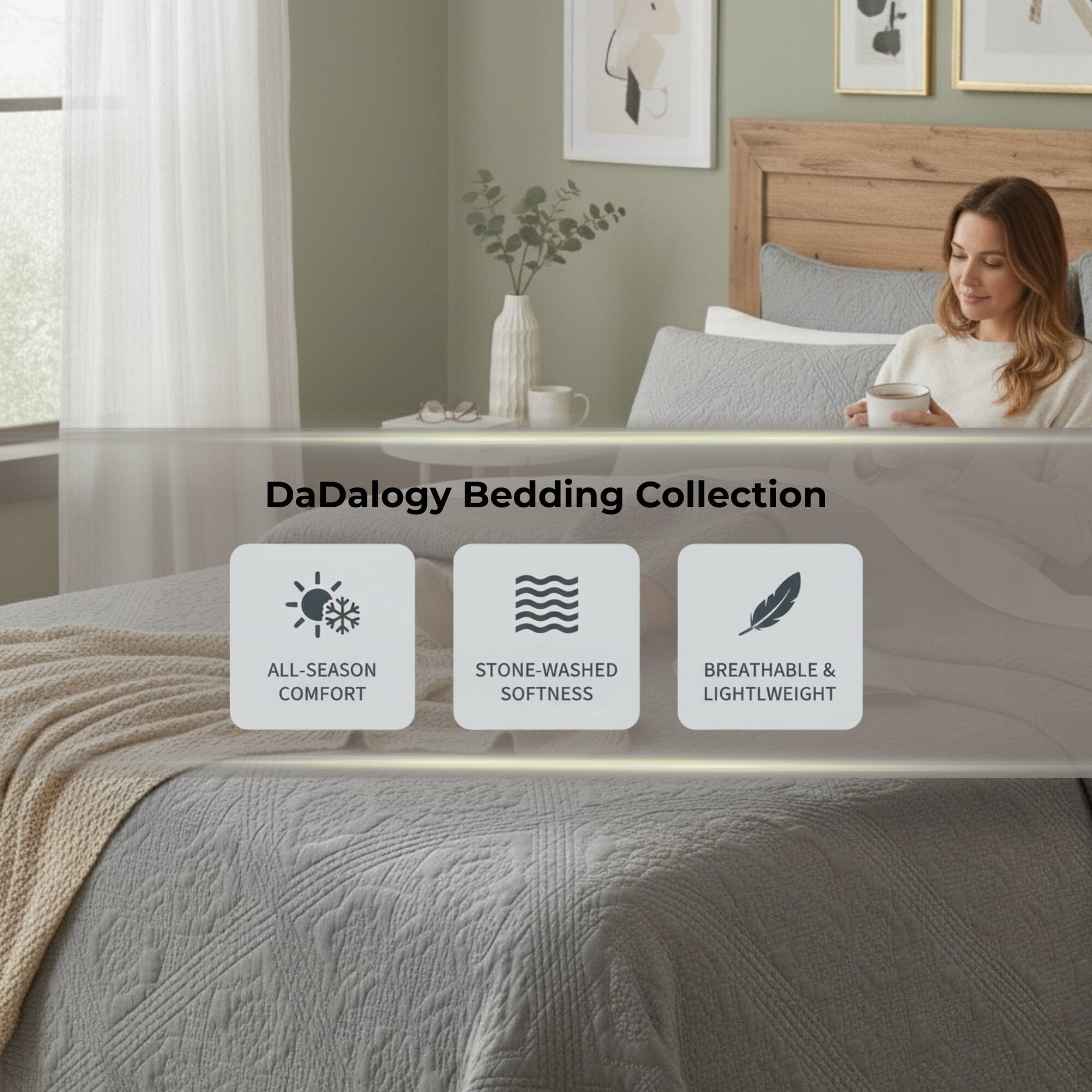 DaDa Bedding Floral Vintage Stone Wash Grey Matelassé Ash Silver Diamond Pattern Quilted Bedspread Set (JHW855)