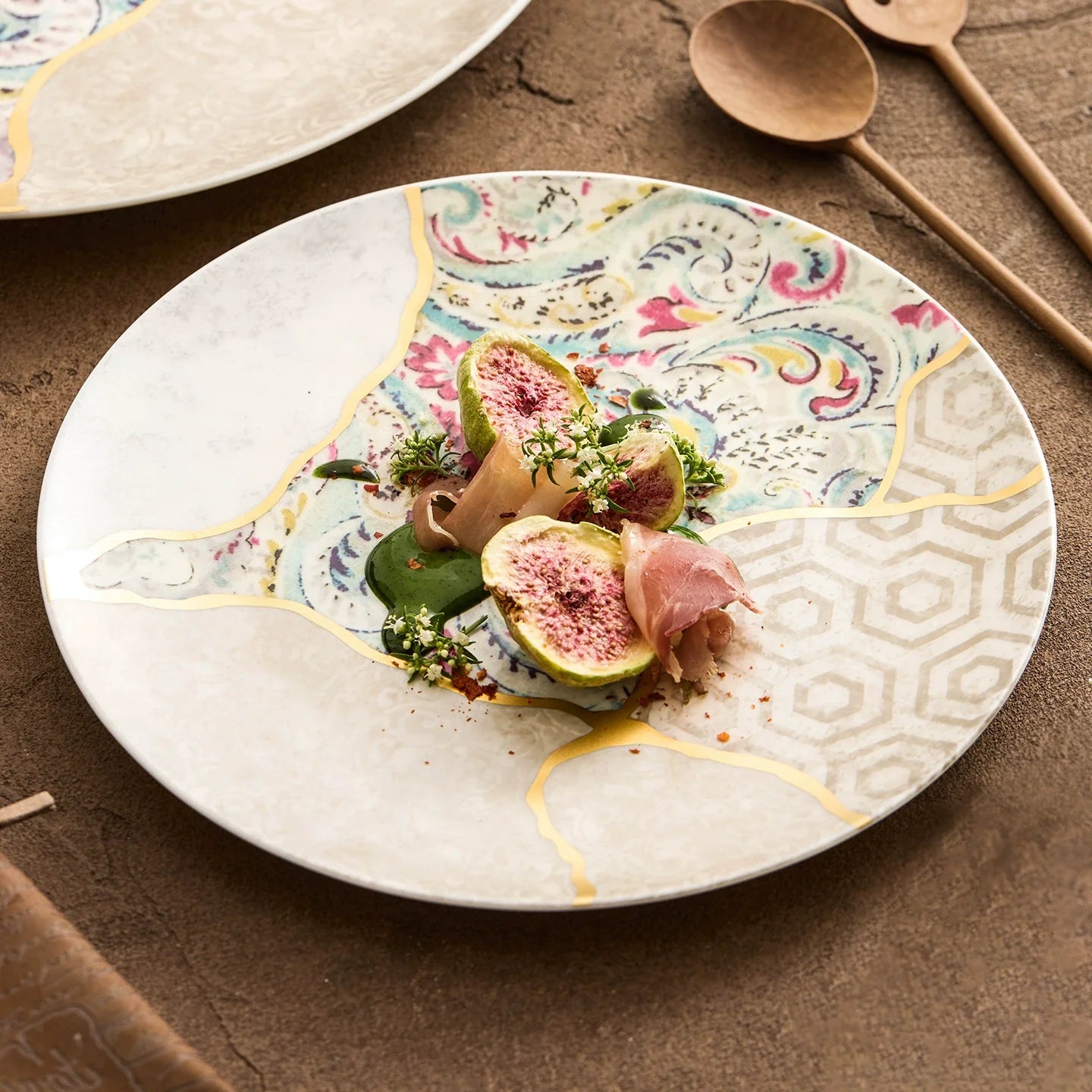 Silk Brocade Gold-Thread Shallow Plate — Artisanal Porcelain