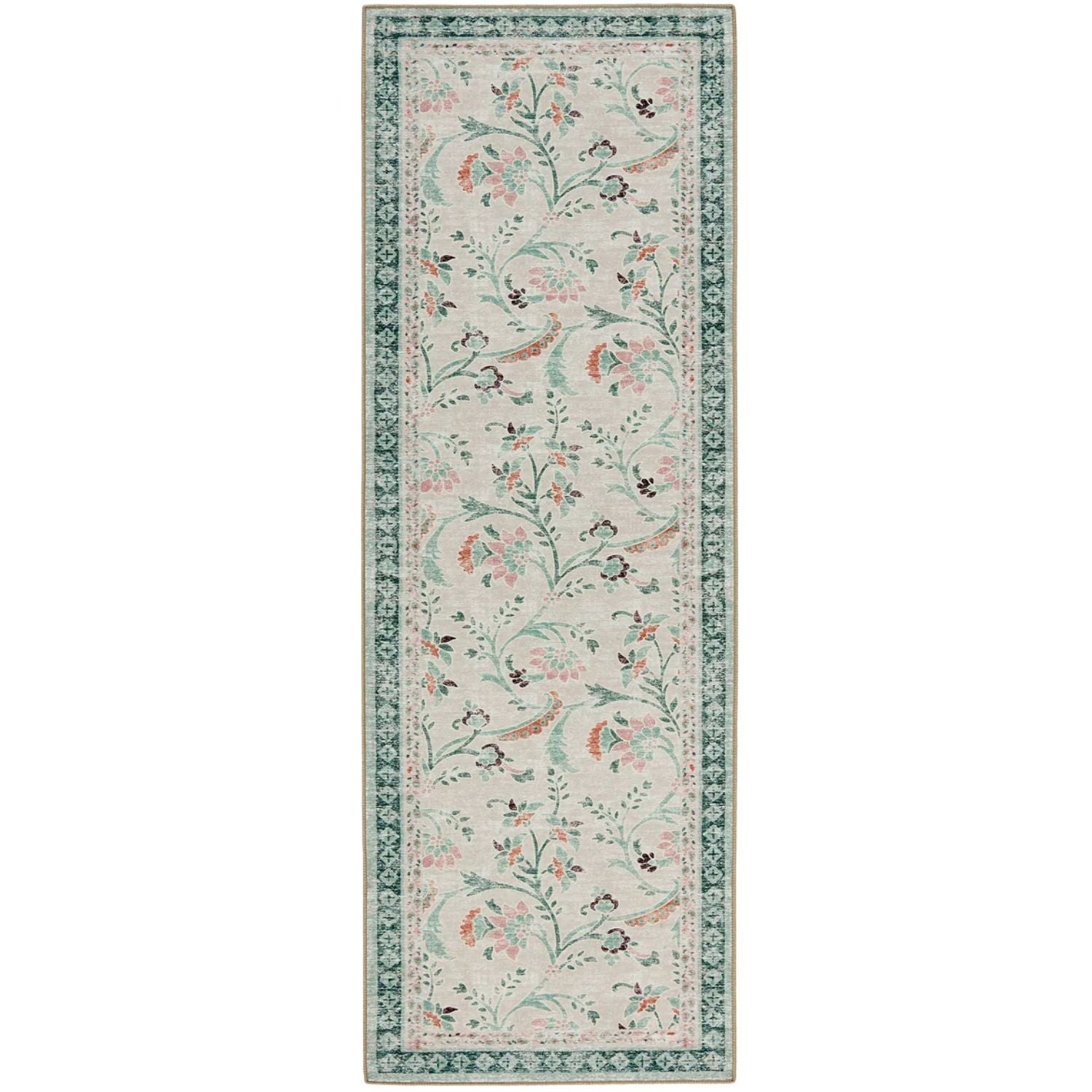 Eco-Washable Green Rug Floral Design