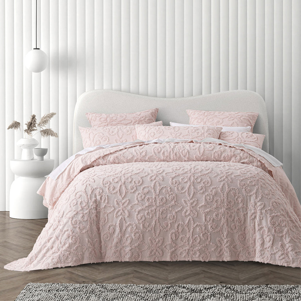 NNEDSZ Bianca Ella Blush Cotton Chenille Floral Bedspread Set King