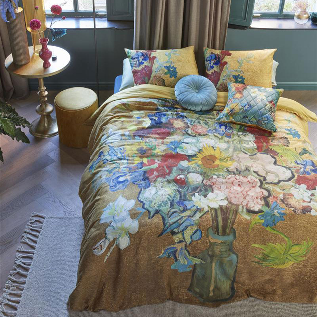 NNEDSZ Bedding House Van Gogh Bouquet d'Anniversaire Gold Cotton Sateen Quilt Cover Set Super King