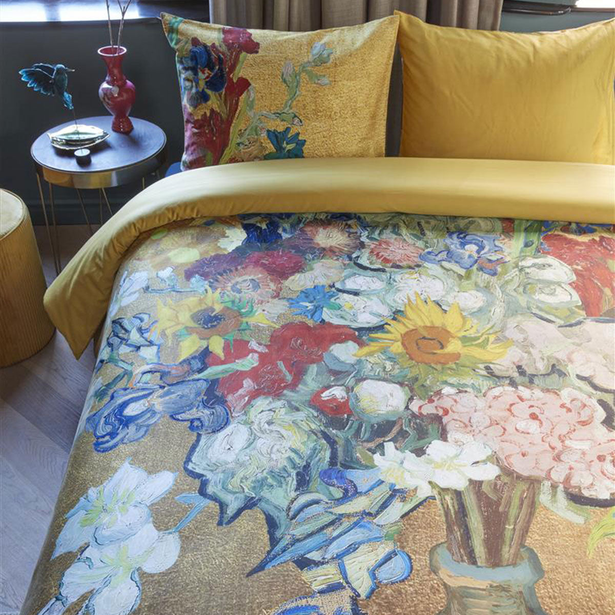 NNEDSZ Bedding House Van Gogh Bouquet d'Anniversaire Gold Cotton Sateen Quilt Cover Set Super King