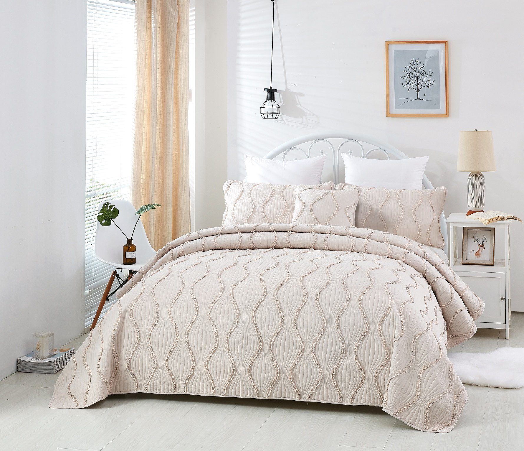 DaDa Bedding Soft Charming French Country Ruffles Quilted Cotton Bedspread Set - Ivory Cream Tan (JHW873)