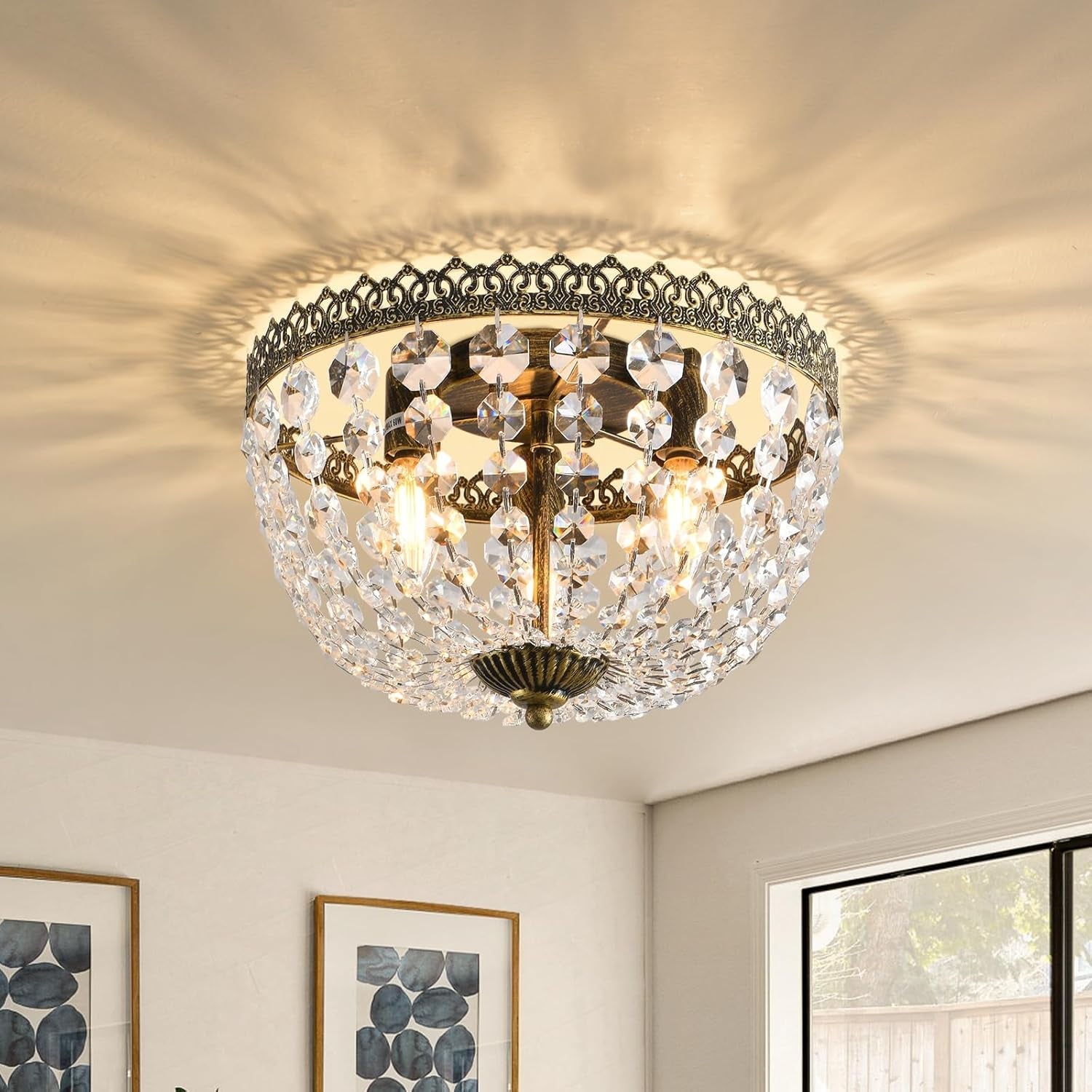 Three Light French Empire Crystal Chandelier Antique Bronze Dimmable Flush Mount