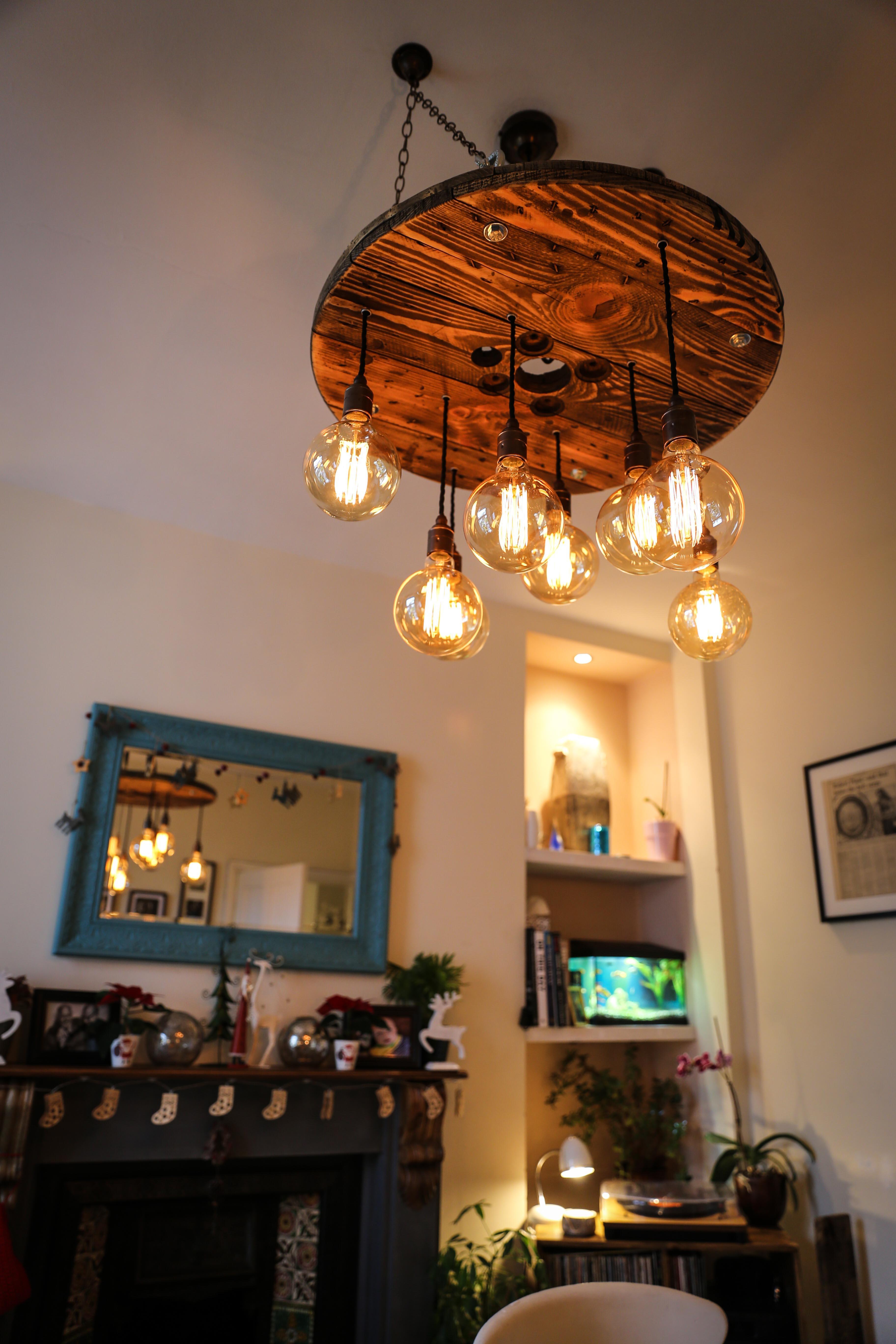 Rustic Industrial Cable Reel Cascade Chandelier